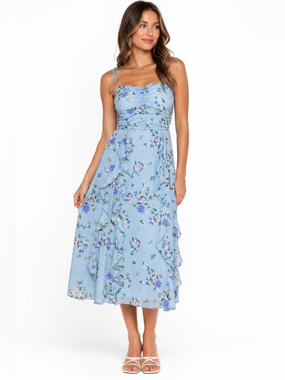 Lost + Wander Blue Floral Ruffle Midi Dress M  Smocked Cottagecore Wedding Guest
